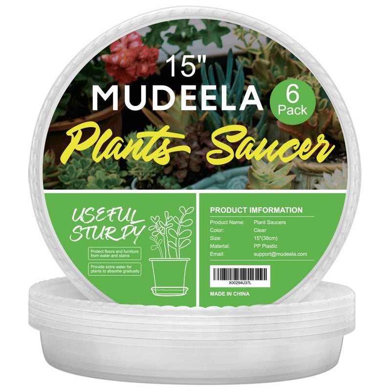 MUDEELA 6 Pack of 15 inch Plant Saucer, Durable Plastic Plant Trays for Indoors, Clear Plastic Flower Plant Pot Saucer, Made of Thicker, Stronger Plastic, with Taller Design - Image 1